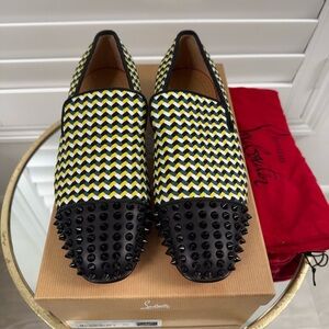 Christian Louboutin Men's Black and Yellow Spiked Loafers